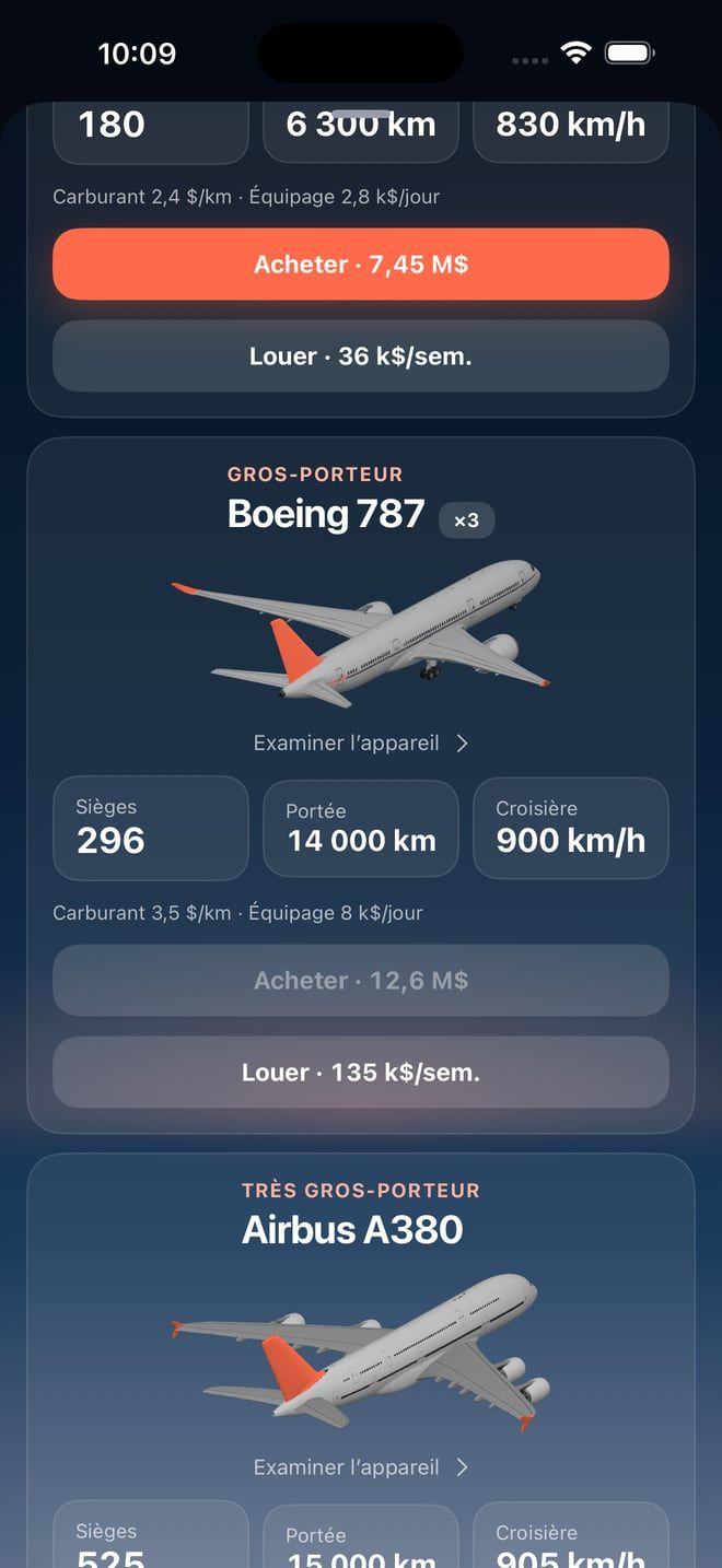 Jetstream sur iPhone : la fiche d’un Boeing 787, à acheter ou à louer