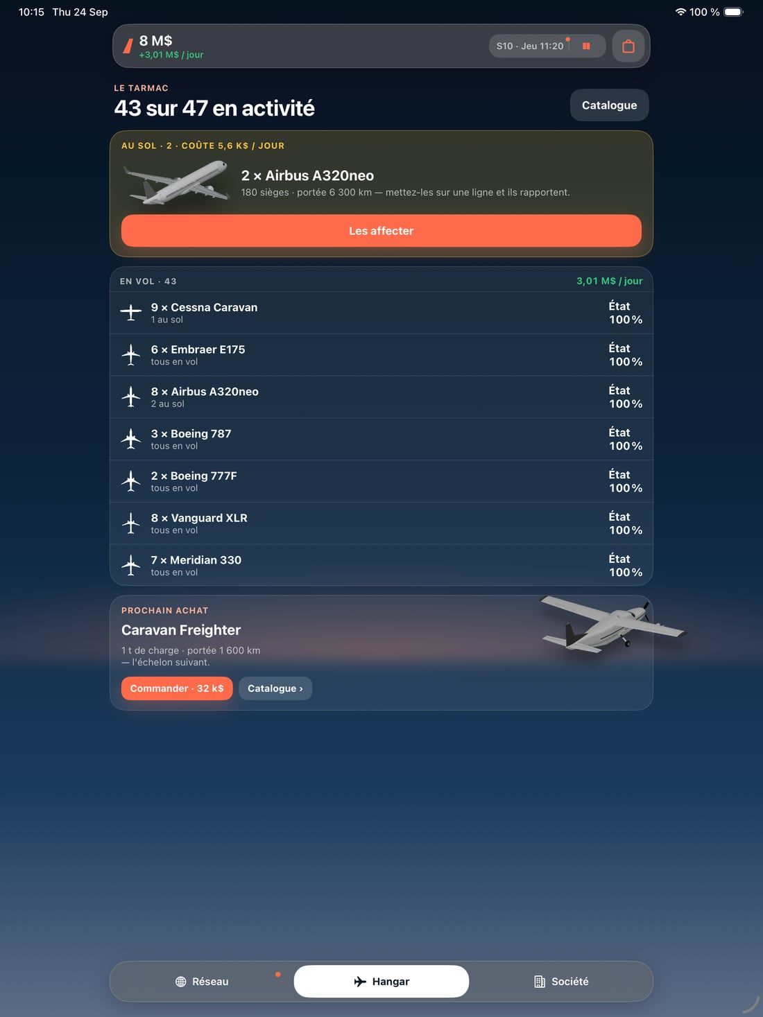 Jetstream sur iPad : le hangar, avec les avions en vol et ceux qui attendent une ligne