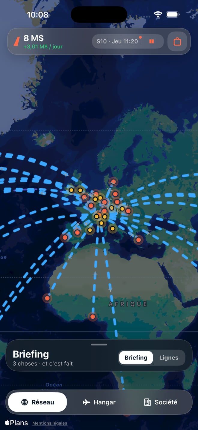 Jetstream sur iPhone : la carte du réseau, avec les lignes de la compagnie au départ de l’Europe