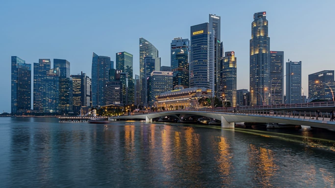 Les tours du quartier d’affaires de Singapour à l’heure bleue, avec le pont de l’Esplanade et leurs reflets dans la baie